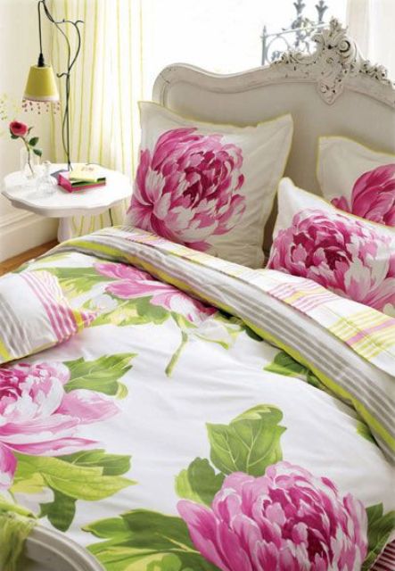 oversized pink peony flower bedding with green leaves for a bold look