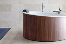 bathtub with a wood siding