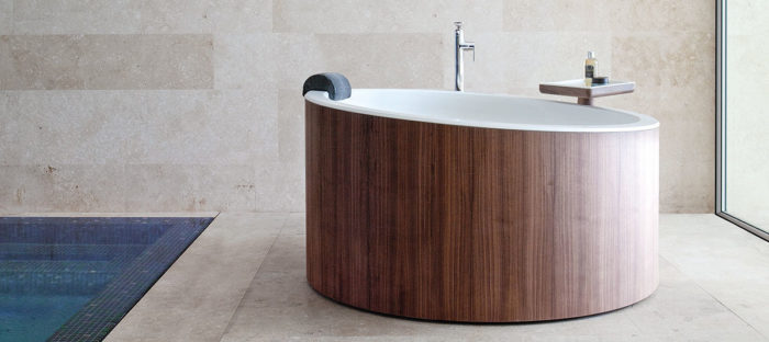 bathtub with a wood siding
