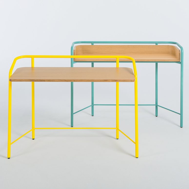 the small desks have the similar colorful parts but these are metal tubes