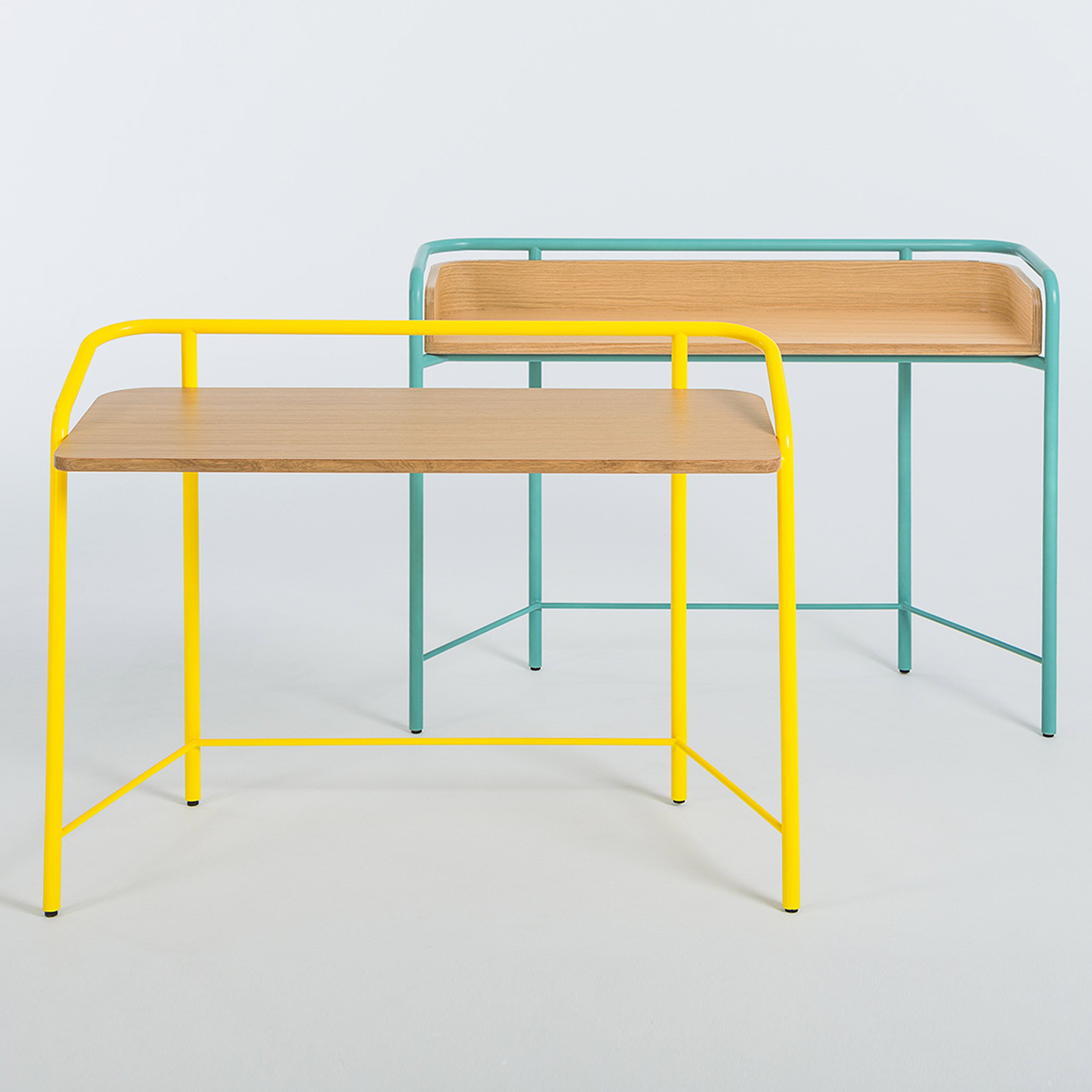 the small desks have the similar colorful parts but these are metal tubes