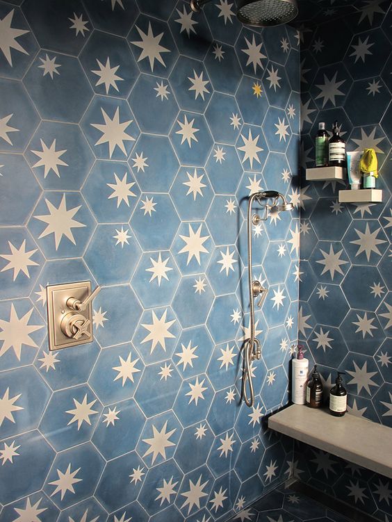 navy tiles with copper stars look dreamy and very eye-catching