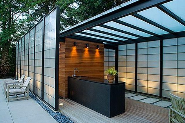 wall lights over the outdoor kitchen island to cook more comfortably