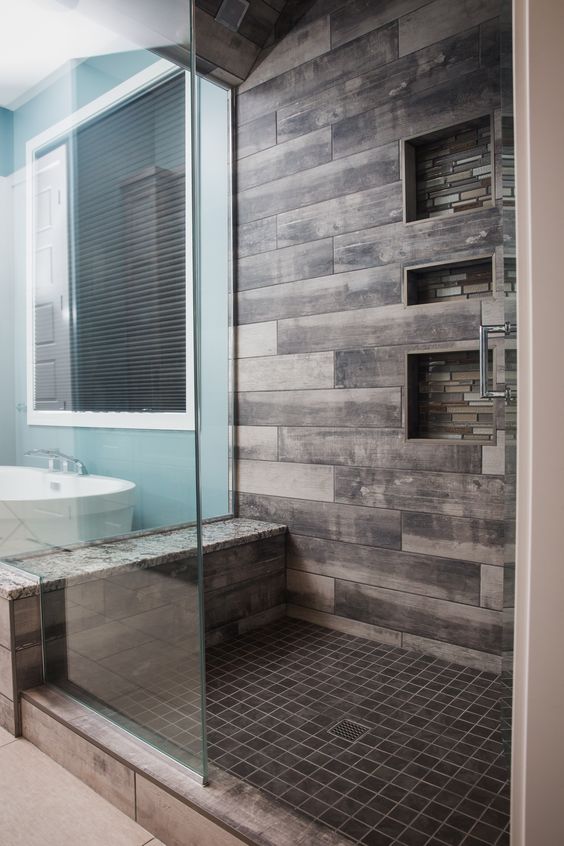 these tiles imitate weathered wood, which is practical and looks awesome