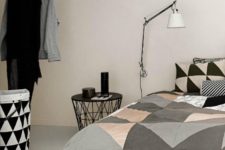 08 grey, black, white and blush large scale triangle bedding for a modern bedroom