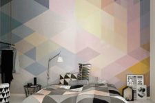 12 white, grey, black and blush triangle bedding and a matching geo wall mural