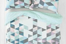 13 pastel triangle bedding with grey and mint parts to make it more peaceful