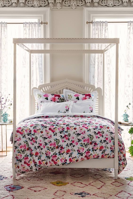 cute pink and blush floral bedding with white parts for a girlish space