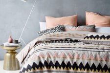 18 pink, white, black and gold triangle duvet and pillows in the same shades but no prints
