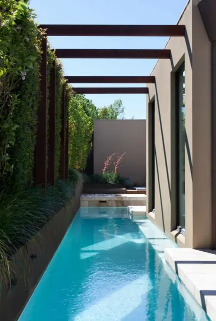 a very small backyard accomodates only a cool narrow pool for relaxing