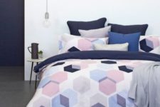 21 purple, pink and navy hexaagon print bedding will make your space fresh