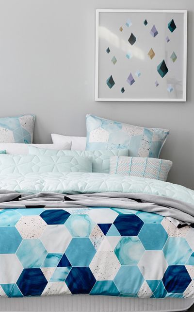 light and deep blue hexagon duvet, textural geo light blue pillowcases to match