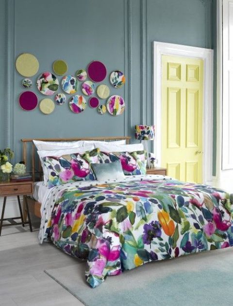 super bold watercolor bedding set and matching wall art