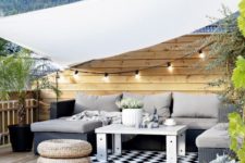 26 string lights over the seating area is a simple and budget-savvy idea