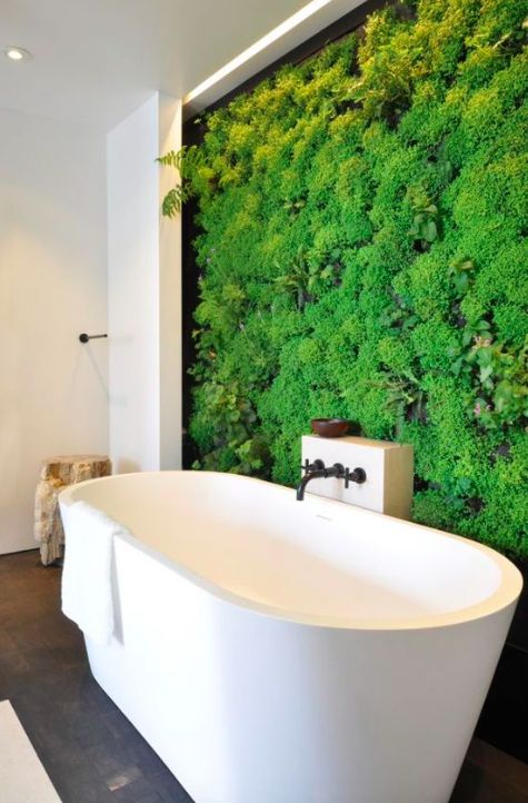an indoor plant wall can become a focal point in your bathroom and make you feel taking a bath outside