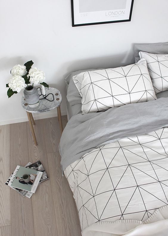 white and black geo print, grey lining and some pillowcases to match