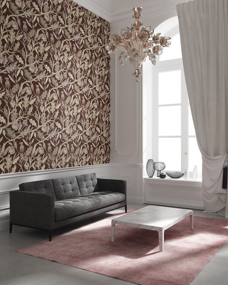 Burgundy and gold botanical print for a living room