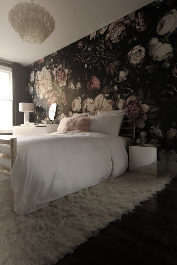 moody floral wallpaper for a headboard wall in a glam girl's bedroom