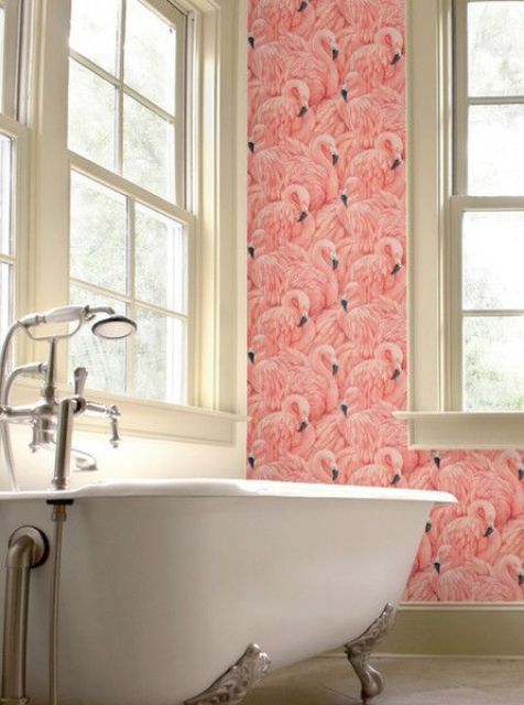 pink flamingo wallpaper will turn your bathroom into a refined and unique space