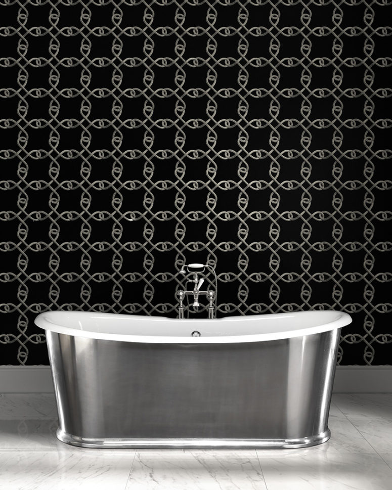 Black metal chain print wallpaper for an eye-catchy accent wall in a bathroom