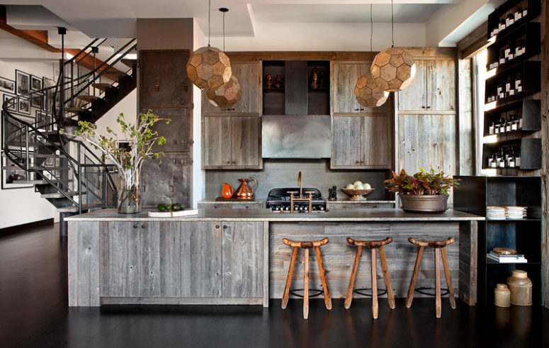 The kitchen is of weathered wood, with dark metal shelves and rustic wooden stools