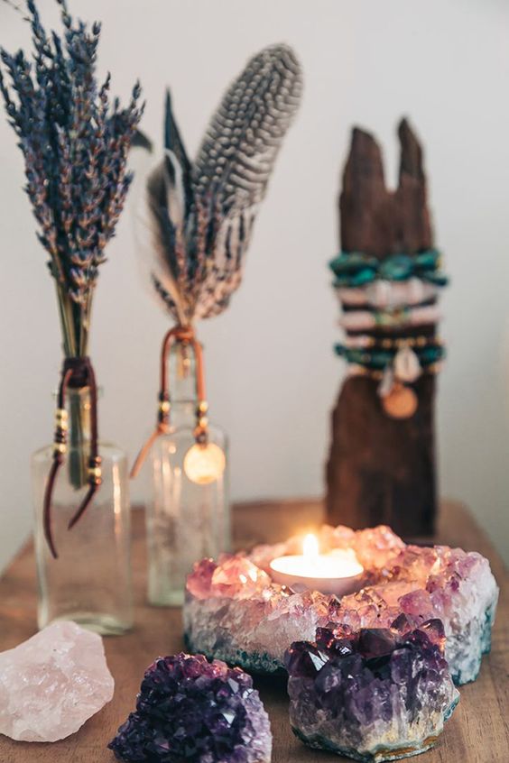 amethyst rocks and candle holder and lavender displays for a boho feel in your space