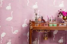 04 pink wallpaper with a white flamingo print is another eye-catchy solution for various spaces