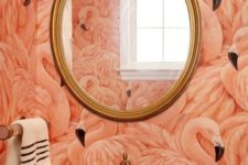 05 coral flamingo wallpaper in a powder room looks interesting with gold fixtures
