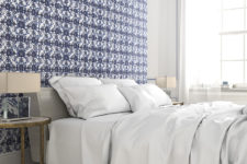 06 Blue printed wallpaper for a headboard bedroom