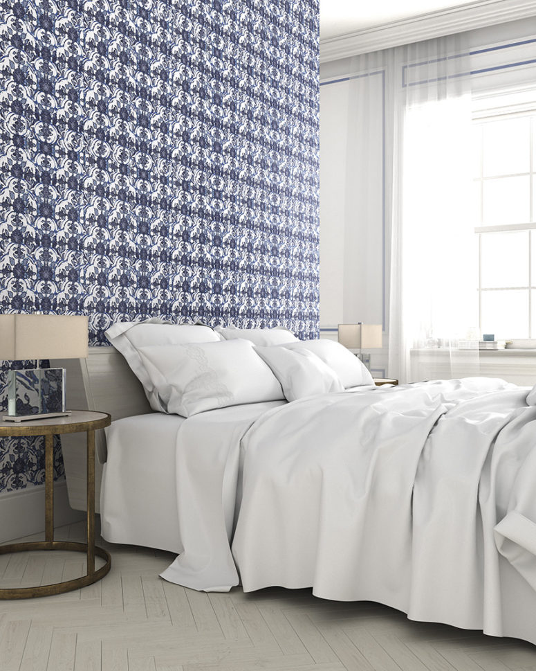 Blue printed wallpaper for a headboard bedroom