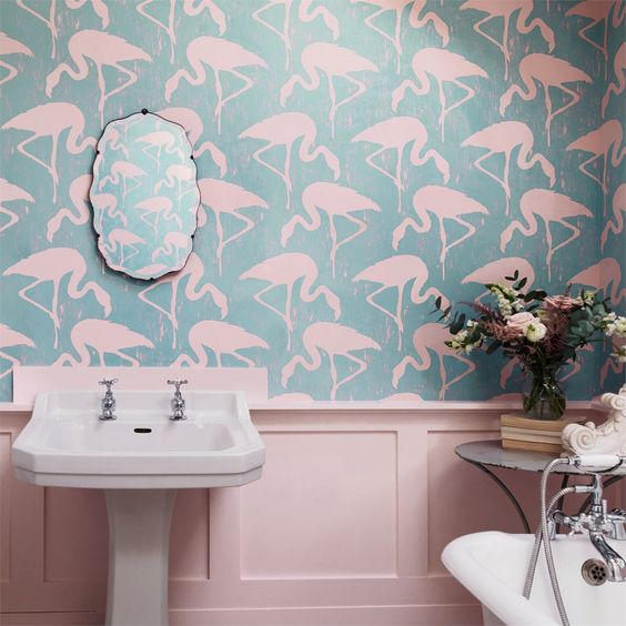 blue and light pink flamingo wallpaper is a creative solution for a bathroom