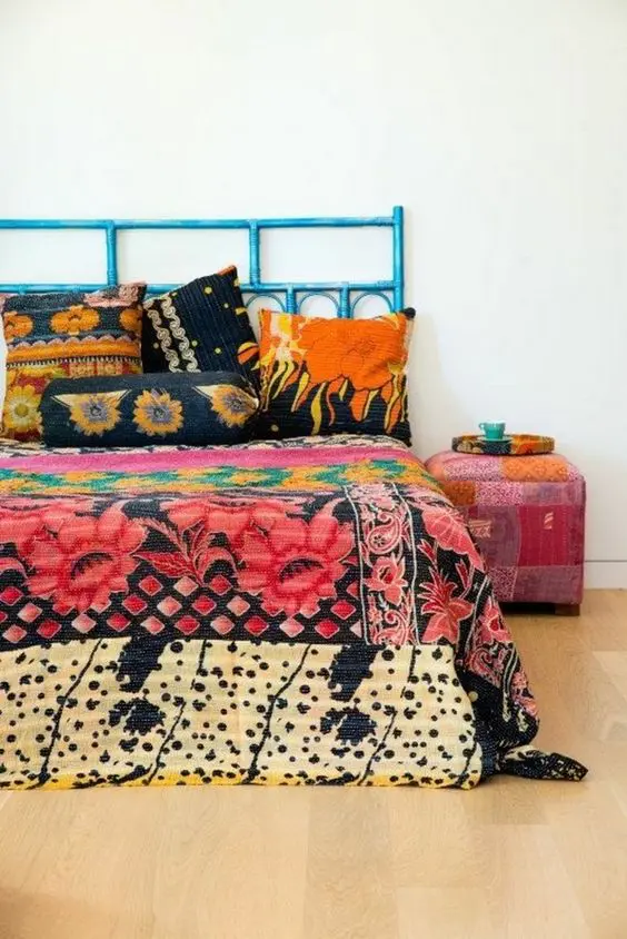 colorful printed bedding with large scale floral prints