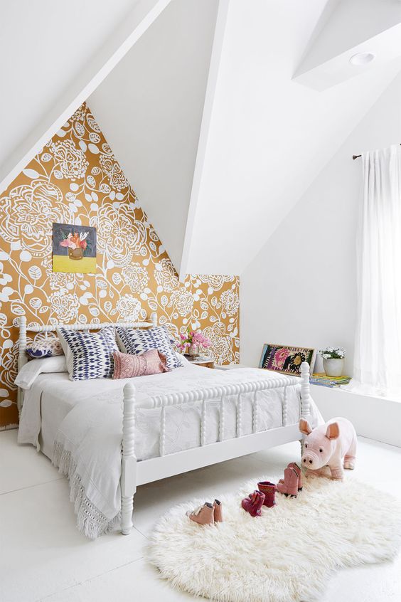 gold and white cute floral wallpaper for the headboard wall in a girl's room