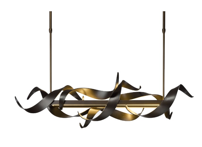 Folio pendant lamp shows hand forged steel ribbons that seem to dance around the horizontal frame that houses the LED components