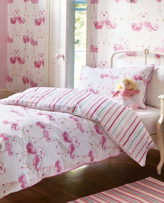 pink flamingo wallpaper and bedding for a little girl's room