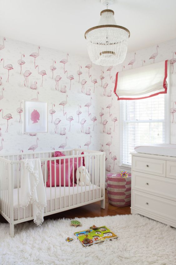 pink flamingo wallpaper is an interesting solution for a girl's nursery