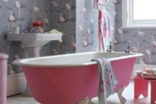 10 flamingo bathroom wallpaper and a pink bathtub and accessories that highlight it