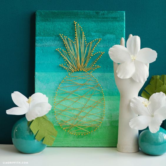 ombre turquoise to green art piece with pineapple string decor