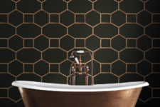 12 Matte grey and copper geometry print bathroom wallpaper for an art deco space