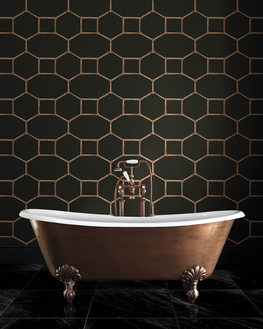 Matte grey and copper geometry print bathroom wallpaper for an art deco space