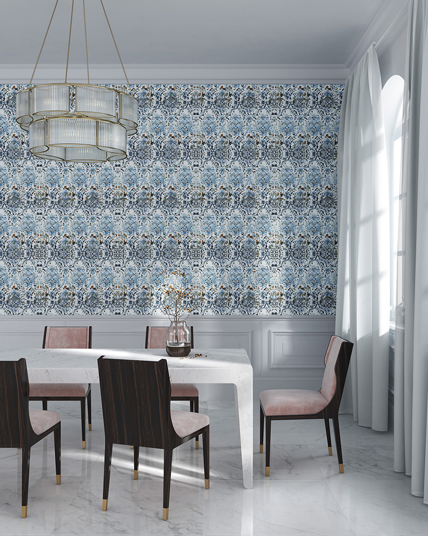 Beautiful blue and copper print wallpaper for an adorable dining room