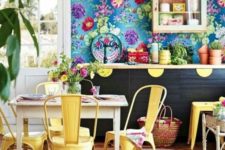 13 super colorful blue wallpaper with bold floral prints for a cheerful summer kitchen