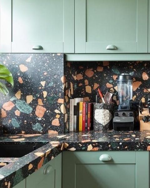 dark terrazzo with colorful inserts looks cool and like no other