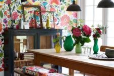 15 colorful floral wallpaper and matching cushions for a dining space
