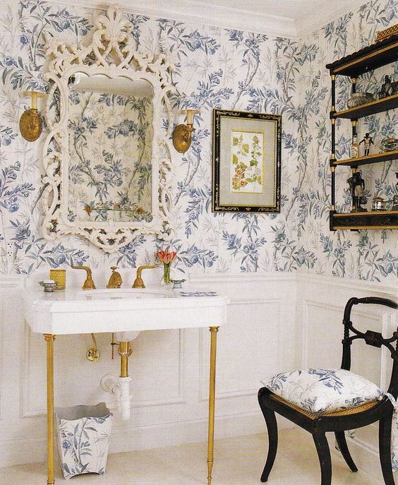 Blue floral wallpaper for a vintage inspired powder room to achieve a refined look