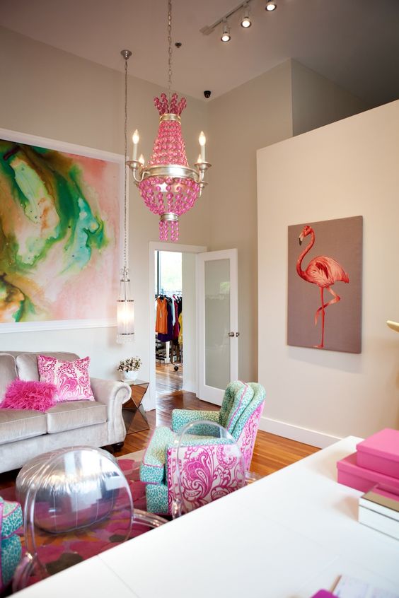 rock a bold pink coral flamingo wall art in a feminine room