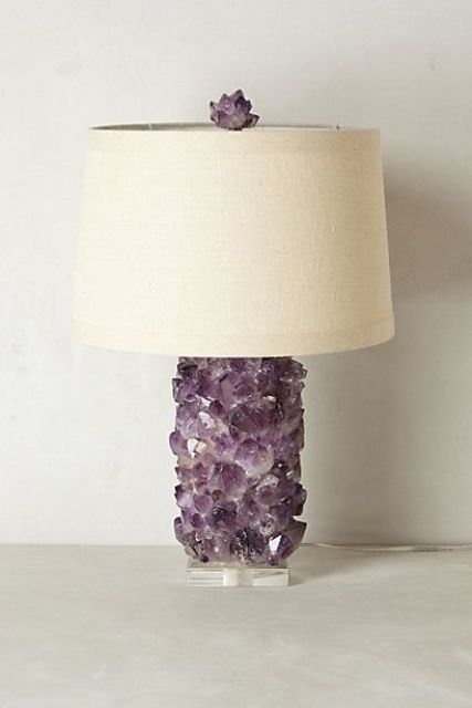 amethyst crystal lamp with a neutral lampshade looks cool in any modern interior