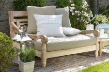 18 light-colored wood love seat with comfy upholstery for a cozy look