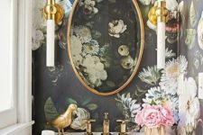 19 refined realistic floral wallpaper adds an exquisite feel to this powder room