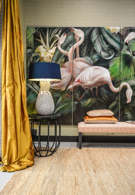 Oversized pink flamingo art piece for a tropical inspired living room